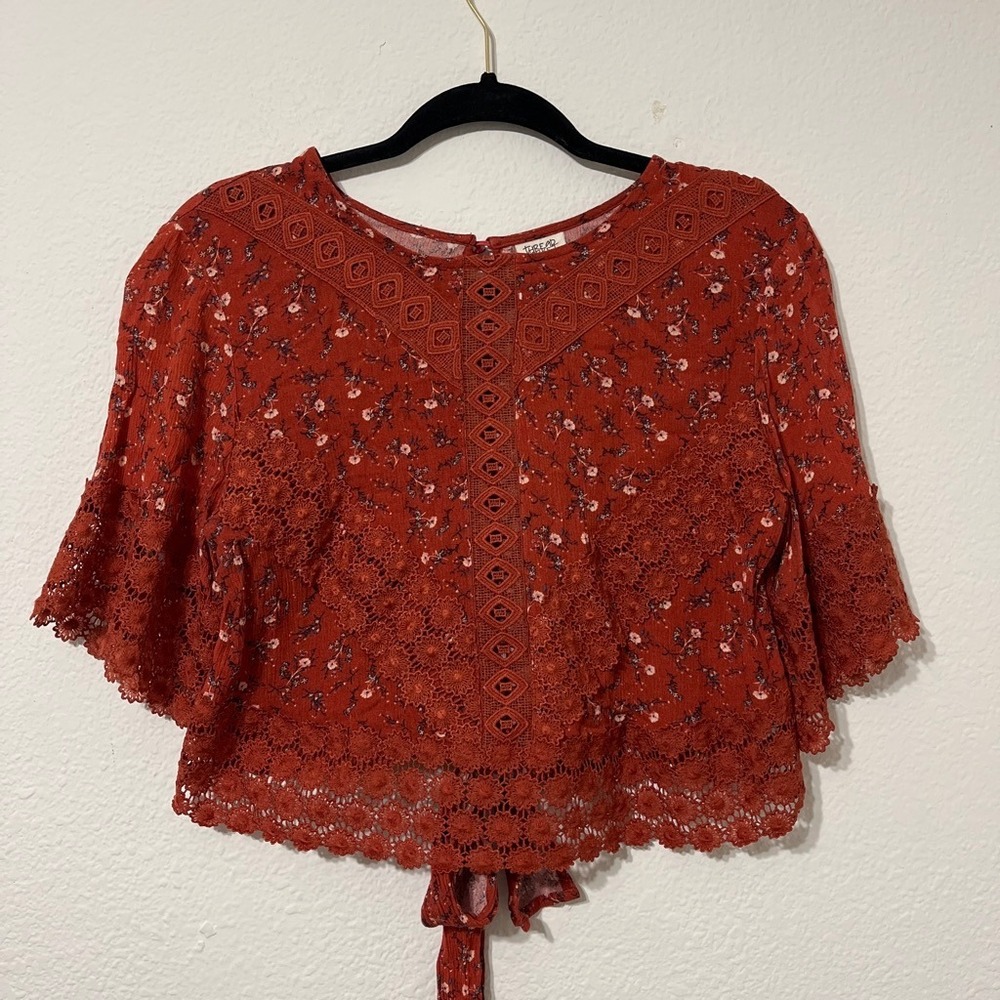 Thread Market‎ Floral Crochet Lace Tie Back Boho Crop Top Rust Orange M cottage